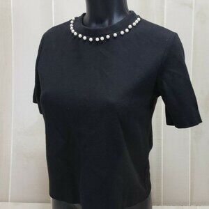 Zara Trafaluc black short sleeve sweater with pearl accent size M